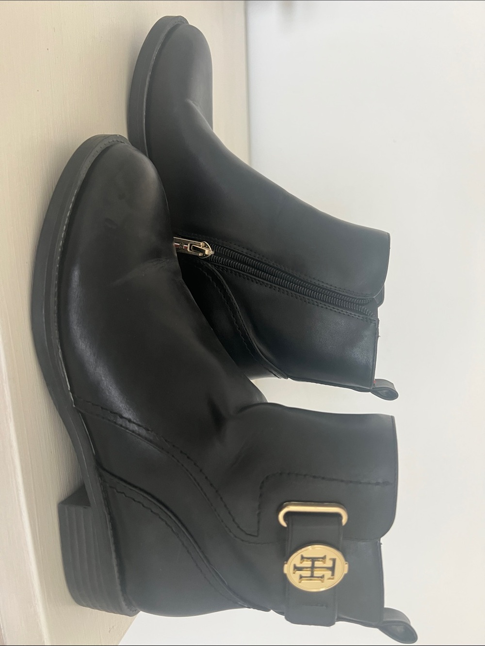 Tommy Hilfiger Black Leather Ankle Booties with Gold Emblem